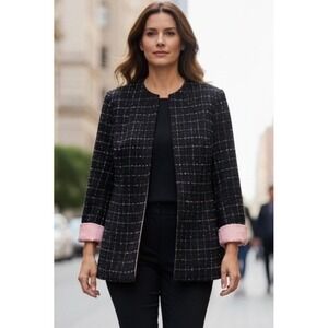 Jessica Howard Women Petite Black Pink Tweed Collarless Blazer Jacket Size 20
